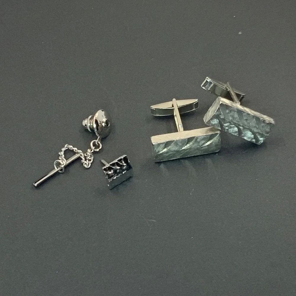 Vintage Silver Tone Textured Bark Pattern Cufflinks and Tie Tack Set Mens Formal